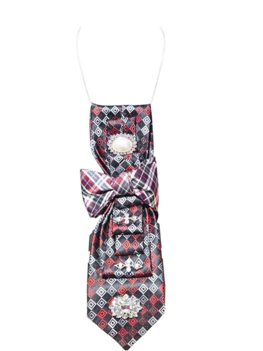 Unbranded Red Black Plaid Embellished Scarf One Size - Picture 6 of 9